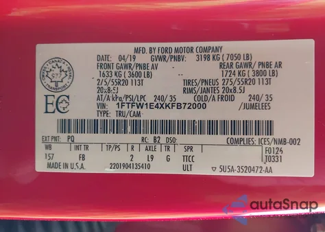 2019 Ford F-150 Xlt z USA, uszkodzony, nr VIN 1FTFW1E4XKFB72000